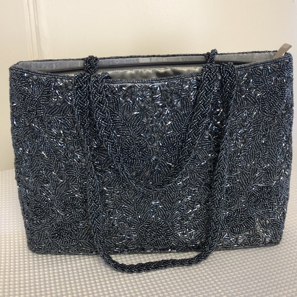 Silver Beaded Bag Braided Double Handle 3-D Floral Pattern Satin Lined 12”x8”x3” - Picture 4 of 17